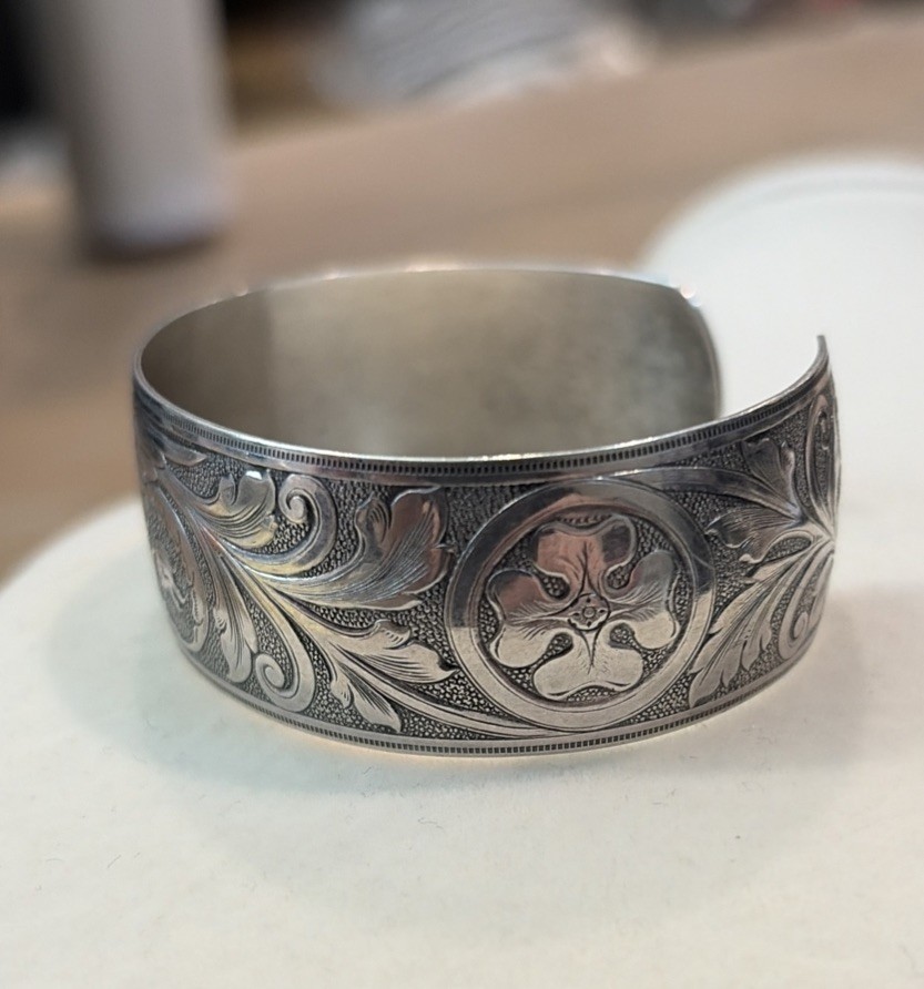 Dragon Etched Sterling Silver 1” Wide Cuff Bracelet Sz 5-1/2 -Engraved – 16g