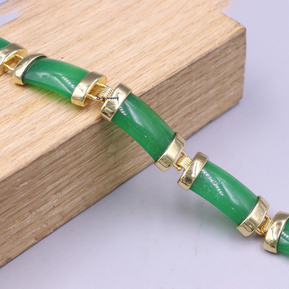 UNIQUE Yellow GP Heated Green Jade Chain Women 10mm Jade Link Bracelet 7.48inch