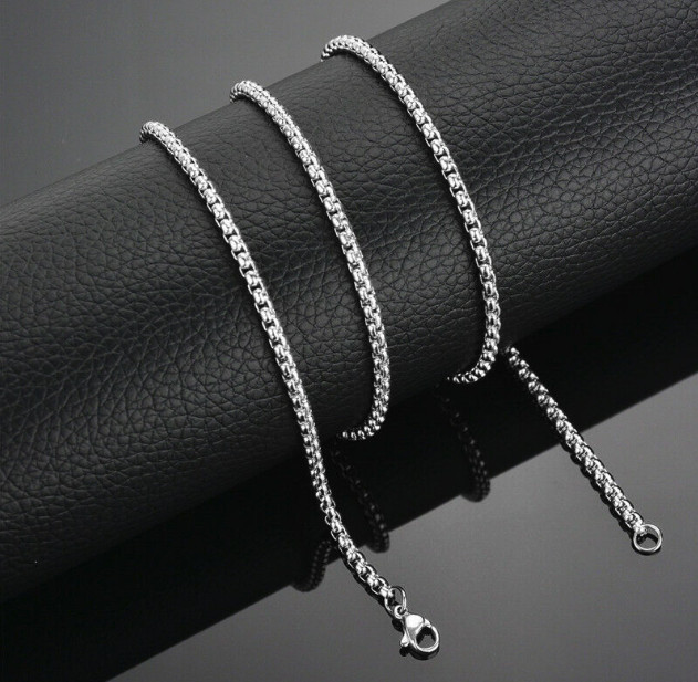 Round Box Chain Stainless Steel Necklace Silver Men Women 16″-32″
