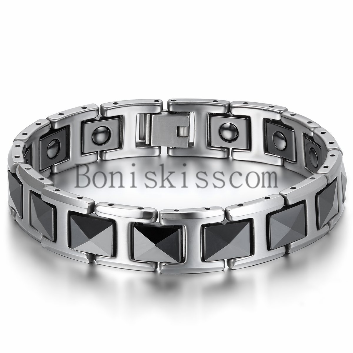 Silver Tungsten Carbide Black Ceramic Link Men’s Magnetic Healthy Bracelet