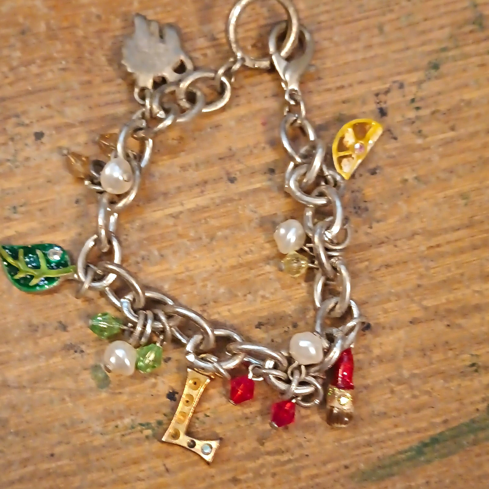Silver Tone Charm Chain Bracelet Round Link Lobster Clasp Crystal Dangles