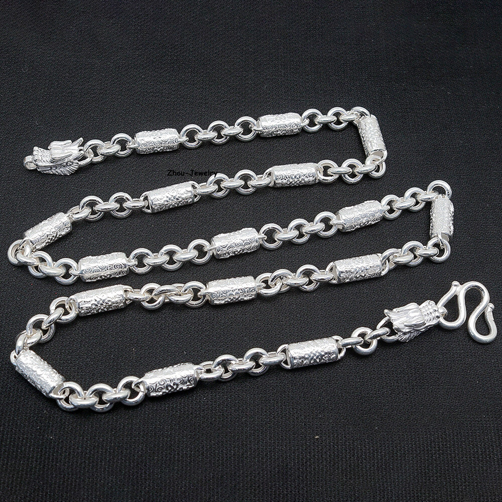 Pure S999 Fine Silver 999 Chain 6mm Cable Link Bead Necklace 49-50g 21.6inch