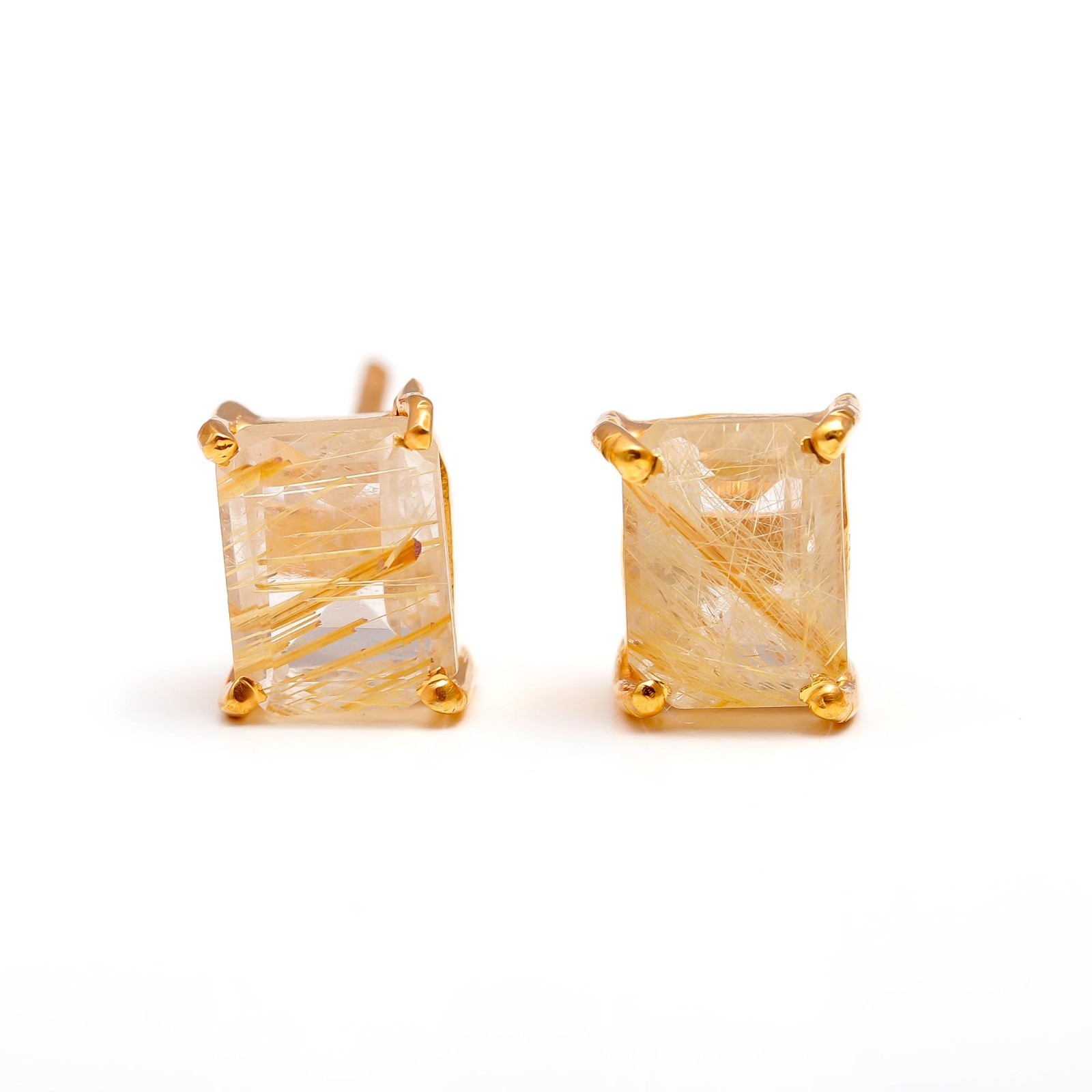 Natural Golden Rutile Octagon Stud Earring Gold Fill 925 Sterling Silver Jewelry