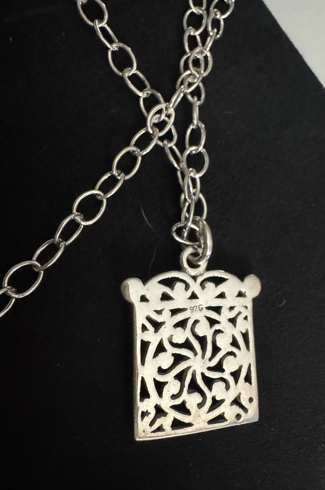 Gorgeous Sterling Chain Link Square Pendant Filigree Necklace Toggle Closure