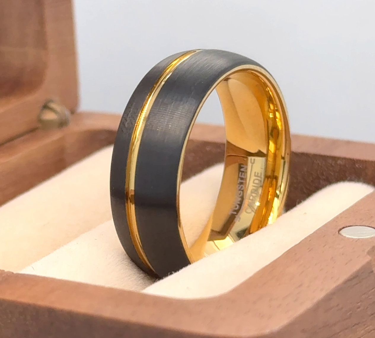 Black And Gold Tungsten Wedding Ring Grooved Brushed Finish Band Gift for Him