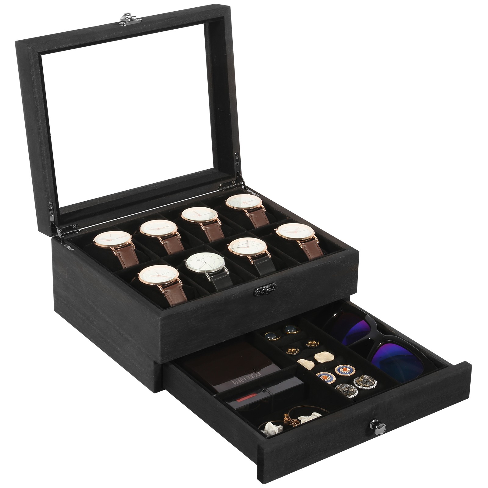 8 Slots Watch Box Solid Wood Watch Case Glass Lid Jewelry Storage Display Case