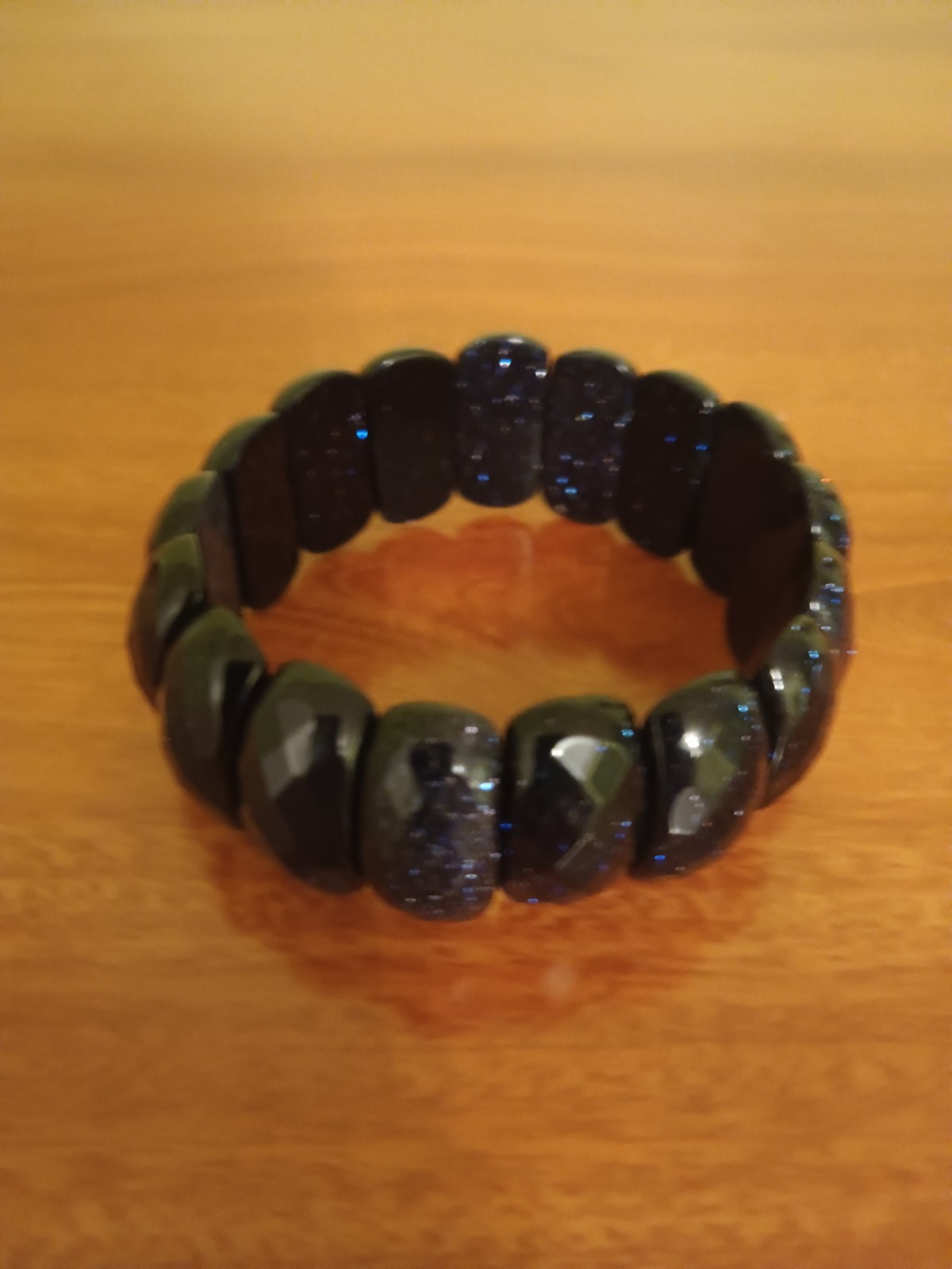 Black Goldstone Stretch Bracelet Sparkle Gemstone Wide Bar Bead Faceted Bangle