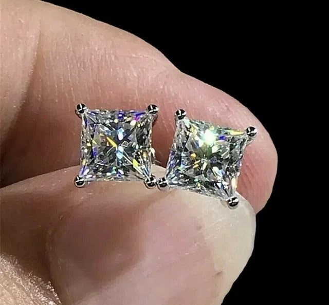 2 Ct Princess Cut lab Created Diamond Push Back Stud Earring 925 Sterling Silver
