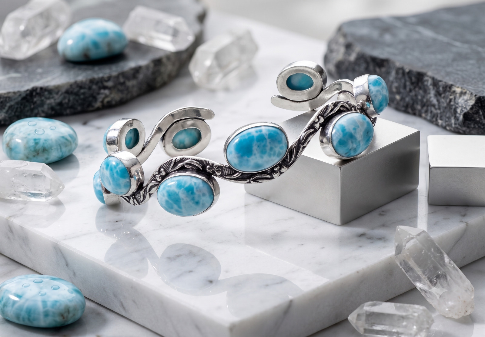 Natural Larimar Gemstone Handmade Cuff Bracelet 925 Sterling Silver ADJ Jewelry