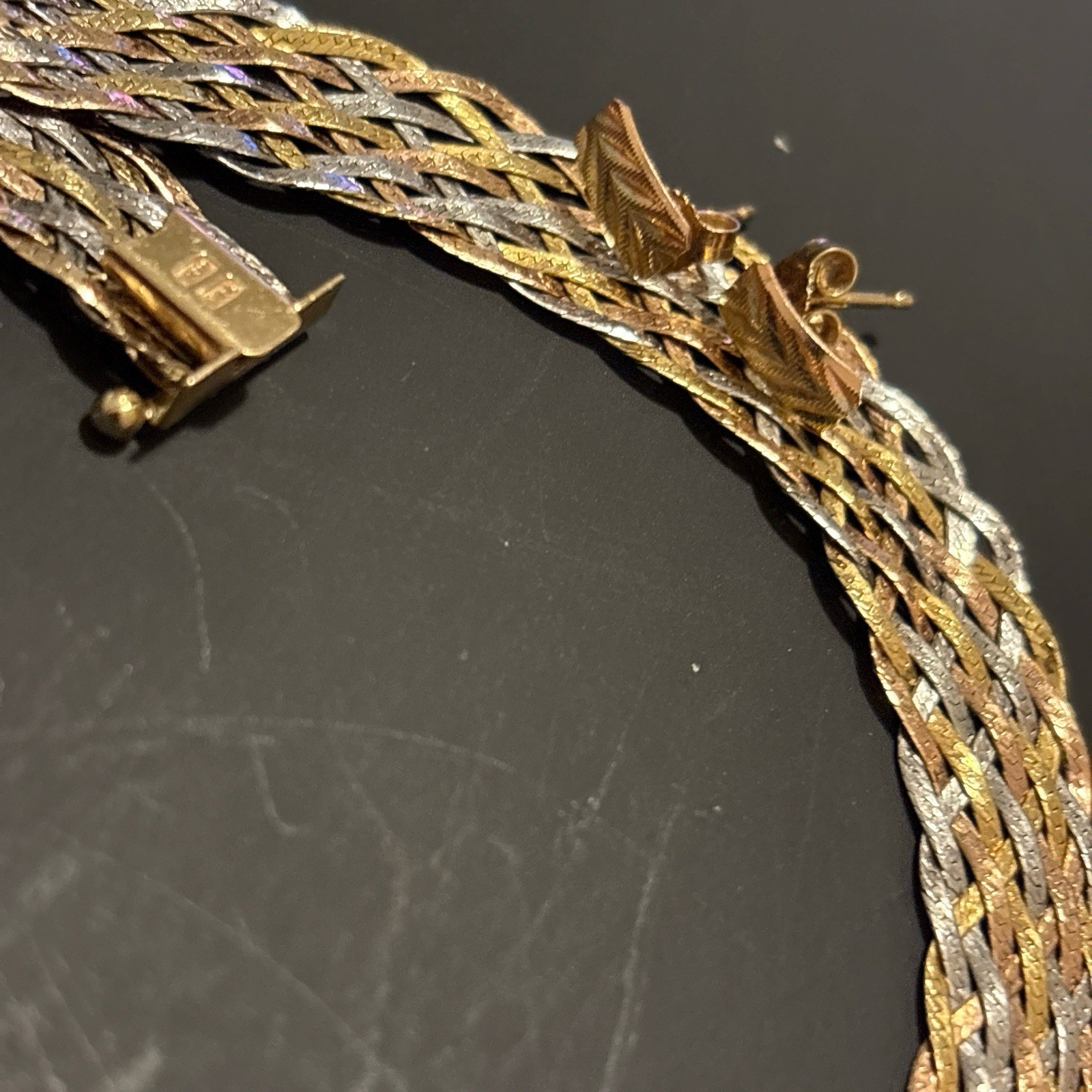Vintage 1980 Solid 14K Tri-Color Gold Braided Herringbone Necklace Earring Set