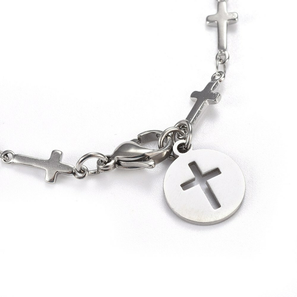 304 Stainless Steel Cross Link Anklet Lobster Flat Cross Silver Color 8.8″ A48