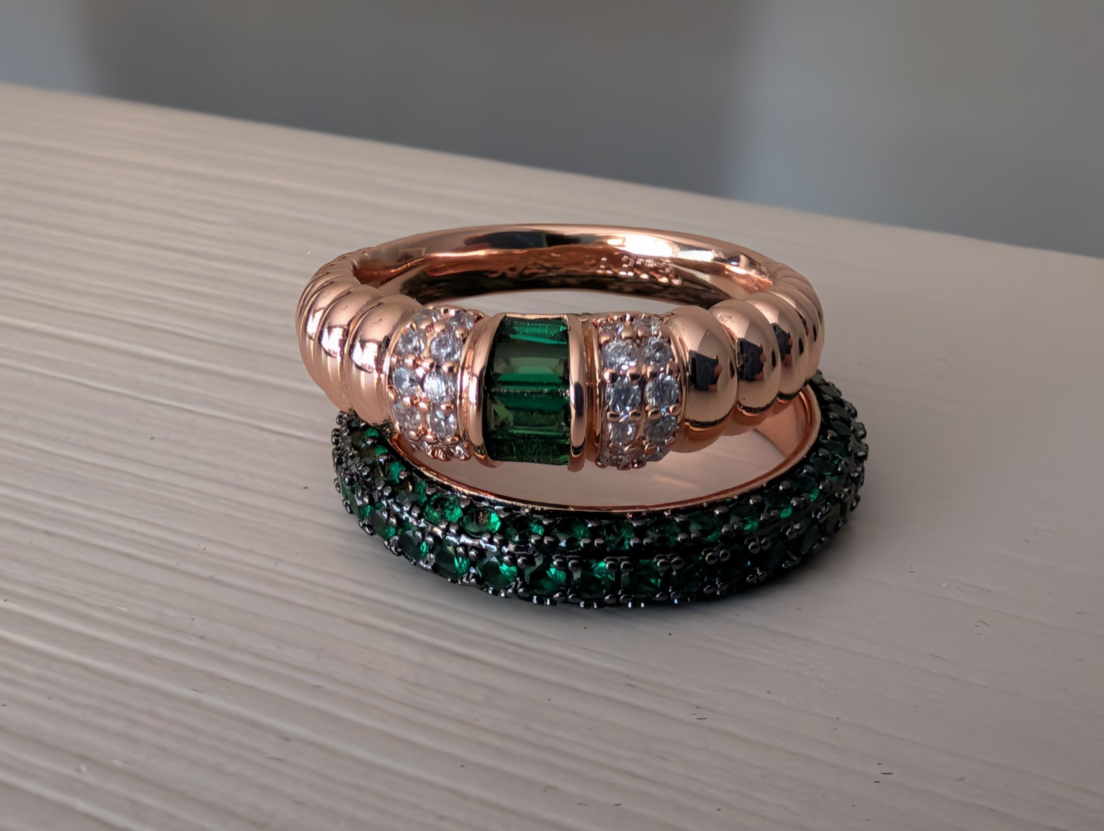 Bomb Party May 2025 Sz 10. Evergreen. LC Emerald & Diamond CZ. Hema & Rose Gold