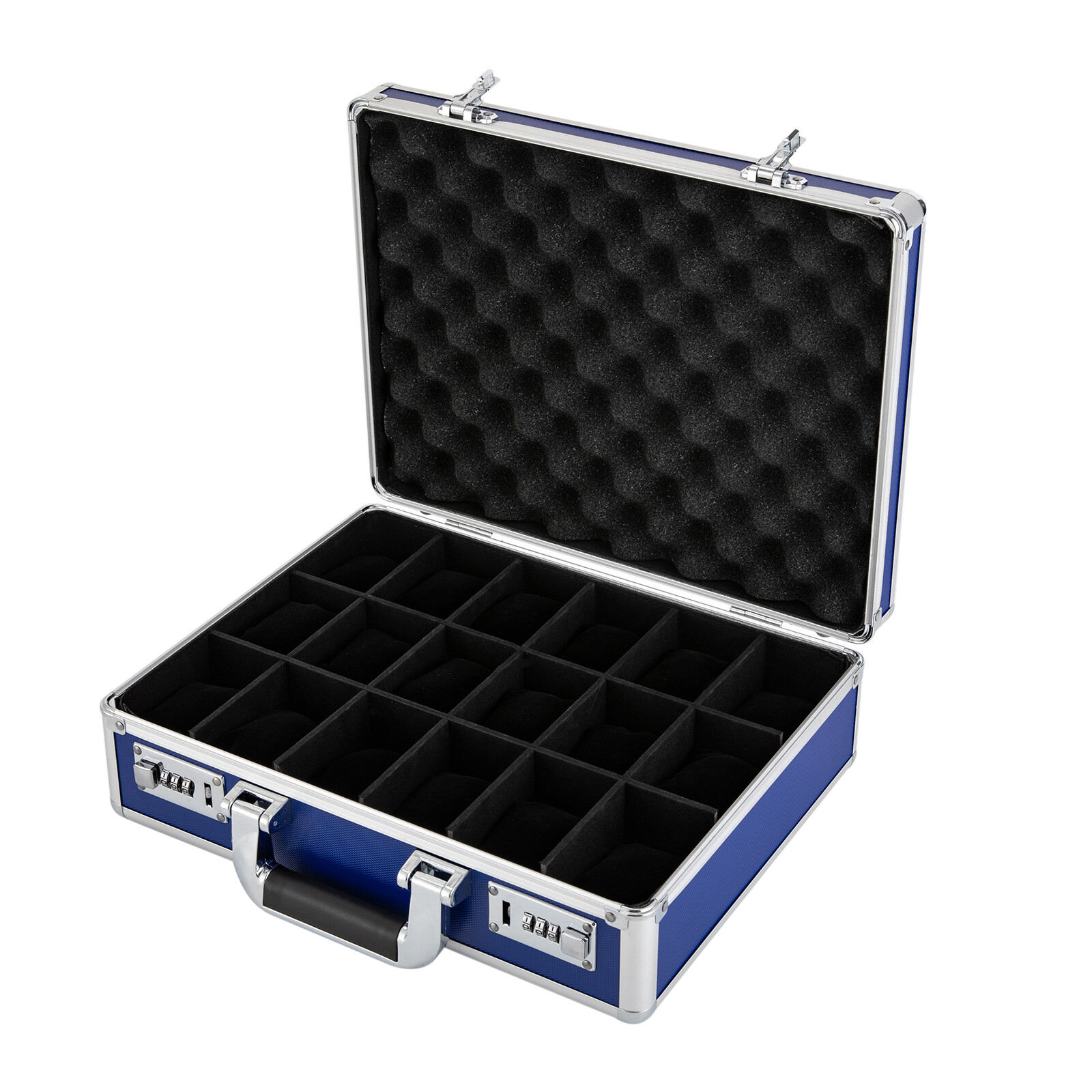 Blue 18-Slot Locking Watch Storage Case – Aluminum Alloy & ABS Briefcase