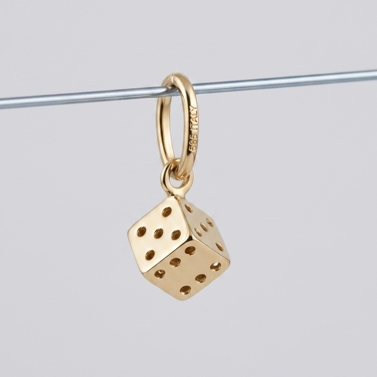 14k Yellow Gold Miniature Dice Charm Pendant Tiny 3D 4mm Lucky Die Italy 585