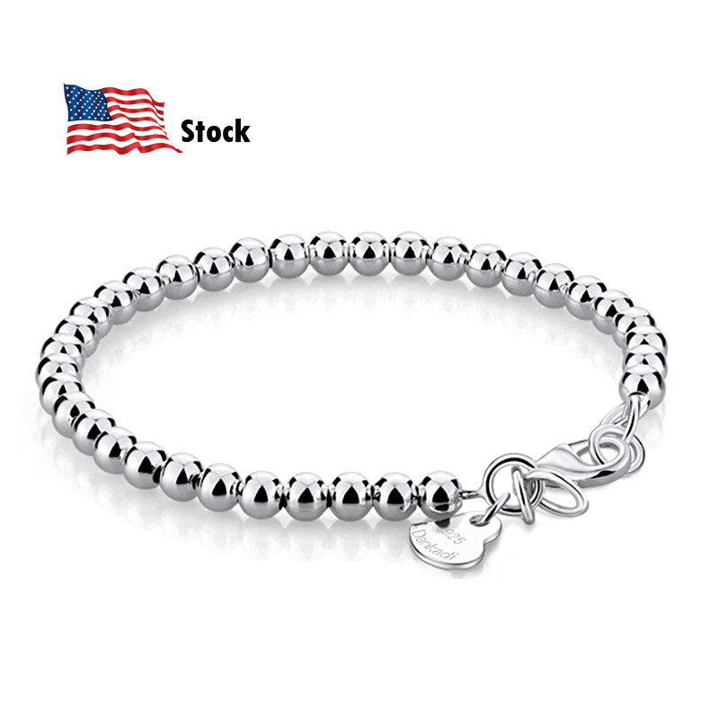 925 Sterling Silver Bead Ball Chain Bracelet Handmade All Size for Women 4mm-6mm