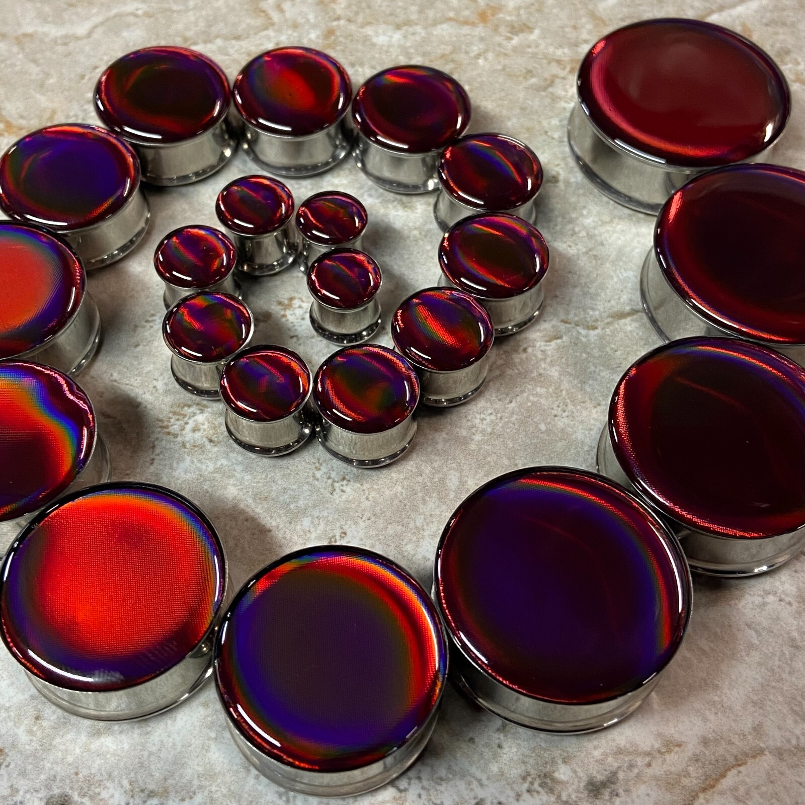 Burgandy Holographic Opal Double Flare Resin Plugs (EMB-030) gauges pair