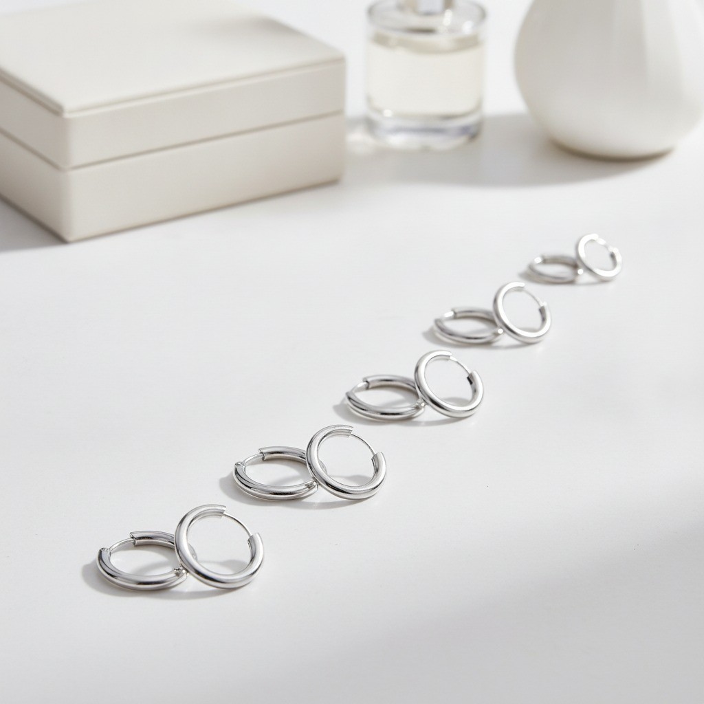 Huggie Hoop Earrings, 5 Pairs, 8mm 10mm 12mm 14mm 16mm, Silver, Stainless Steel