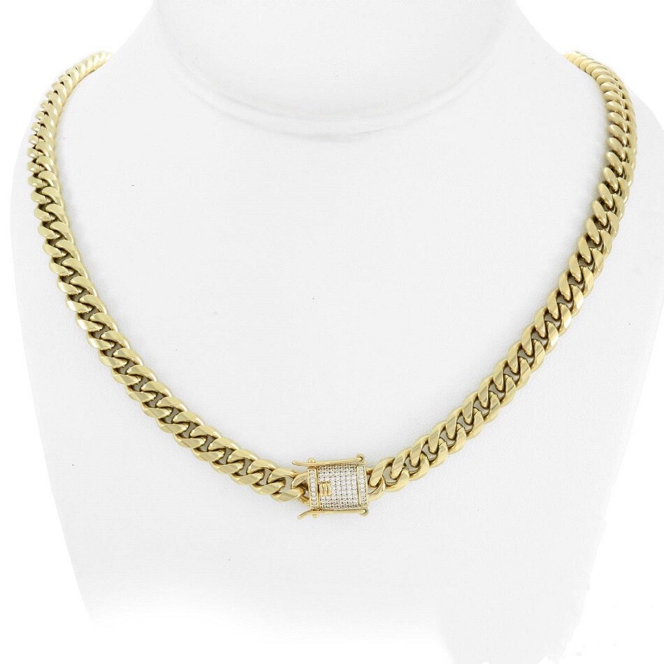 14K Gold Plated Chain CZ Clasp Stainless Steel Miami Cuban Link Bracelet 6-14MM
