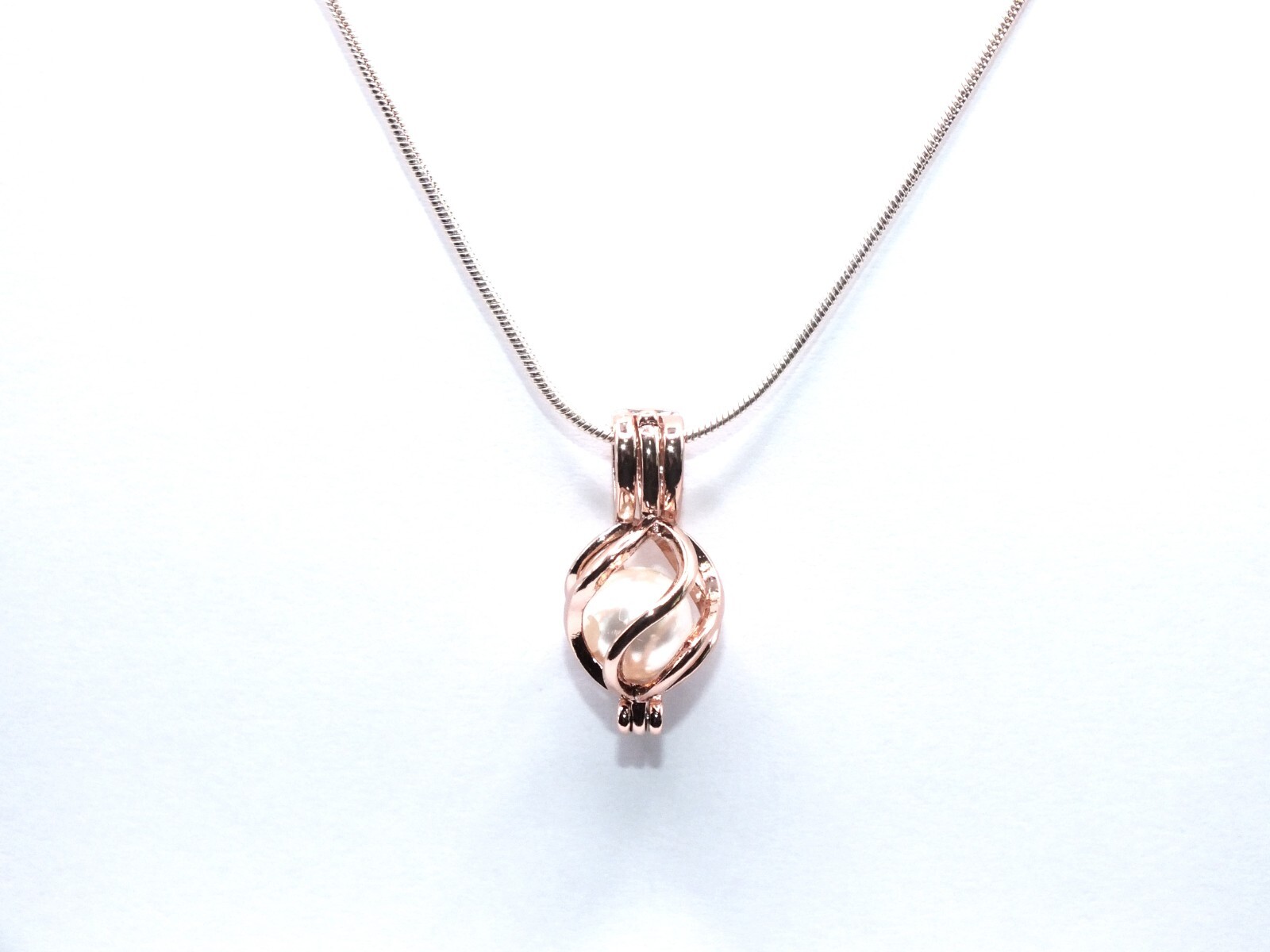 Rose Gold Oval Basket Pearl Cage Pendant Necklace – Elegant Minimalist Jewelry