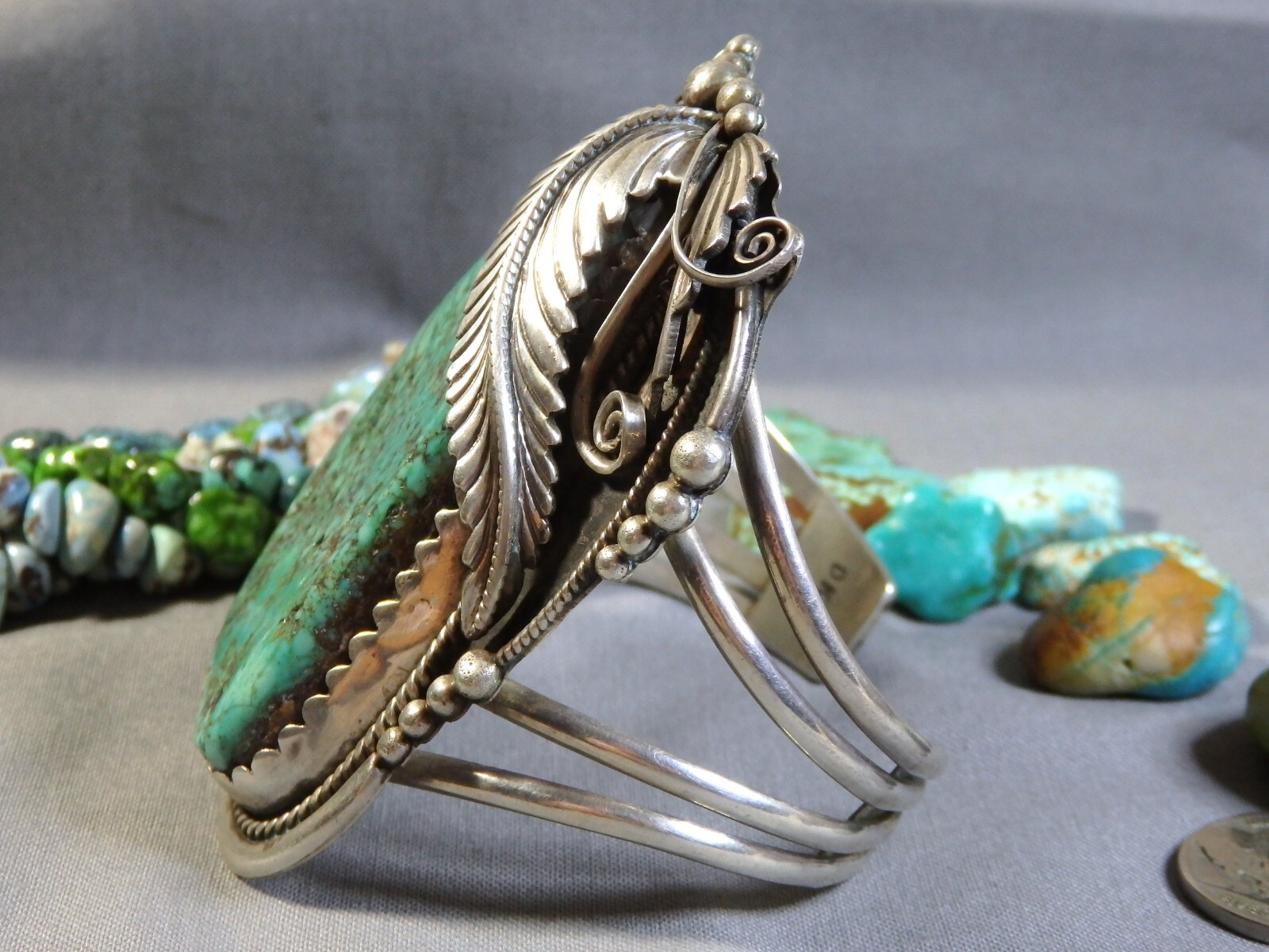 NAVAJO D. Lister KINGMAN TURQUOISE Sterling Silver SQUASH BLOSSOM 110g Bracelet