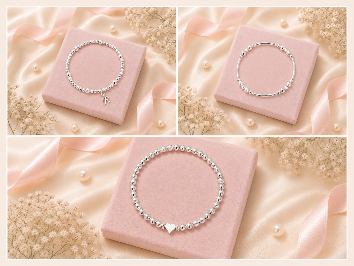 Personalised Initial Heart Bracelet Set Silver Bead Stacking Gift Women
