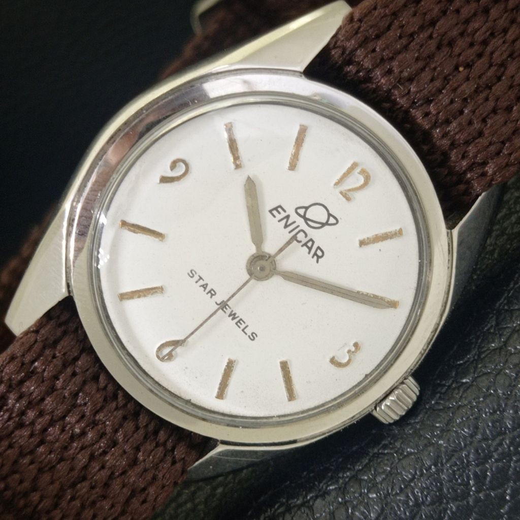 VINTAGE ENICAR STAR JEWELS HAND-WINDING SWISS MENS WHITE DIAL WATCH a703027-1