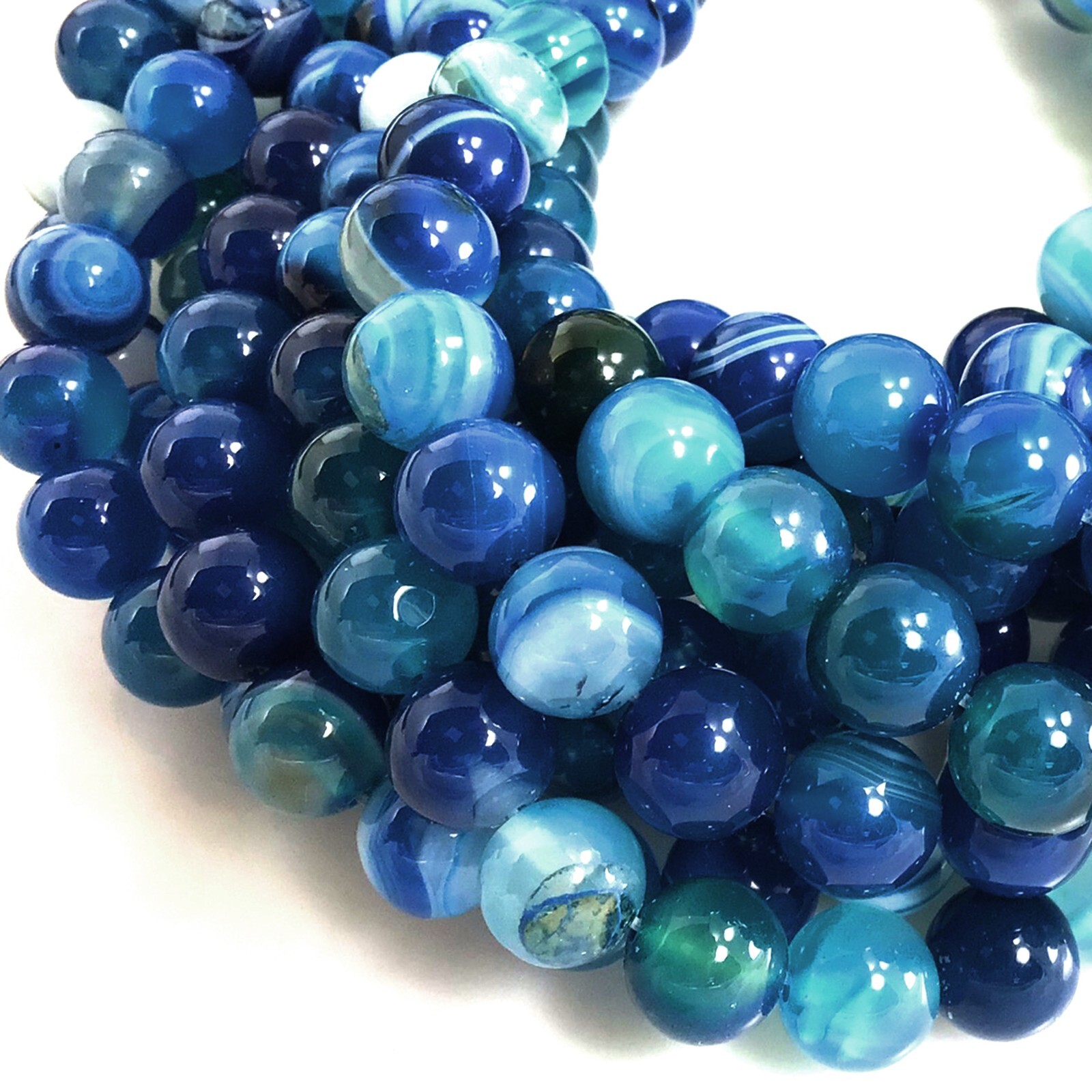Gemstone Natural Blue Agate Bead Blue Stripe Agate Round Bead 15″ Jewelry Making
