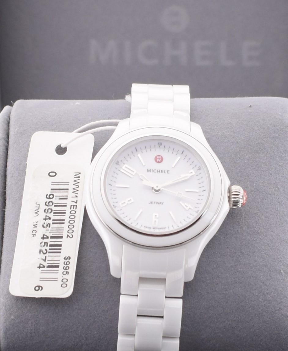 NEW Michele Jetway Mini Ceramic White Bracelet Swiss Watch MWW17E000002 $995.00