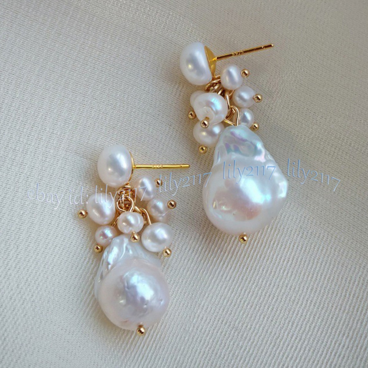 Genuine Natural White Pearl Keshi Baroque Pearl Cluster Dangle Stud Earrings