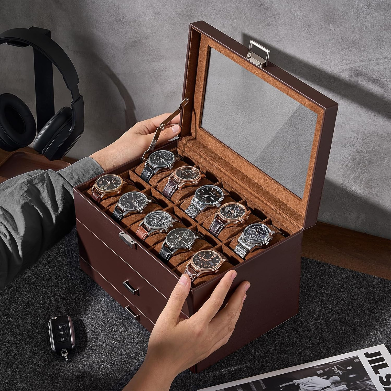 3 Layer Watch Storage Box with Glass Lid for Men 20 Slot Brown PU Velvet