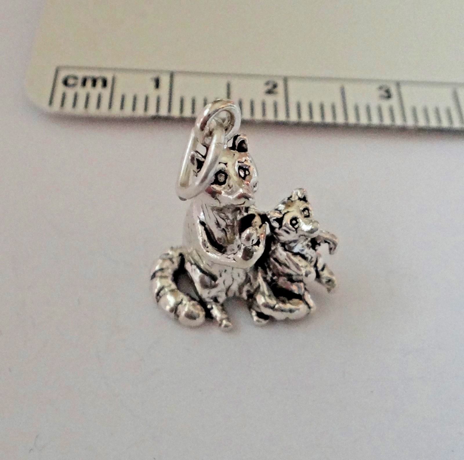Sterling Silver 3D 16x14mm Detailed Double Raccoon & Baby Zoo Racoon Charm