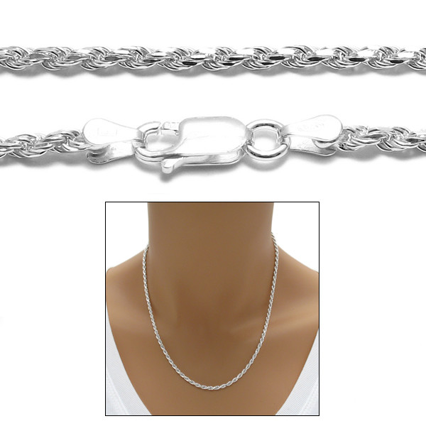 925 Sterling Silver Dia Cut Rope Chain Necklace 2.5mm (050 Gauge)