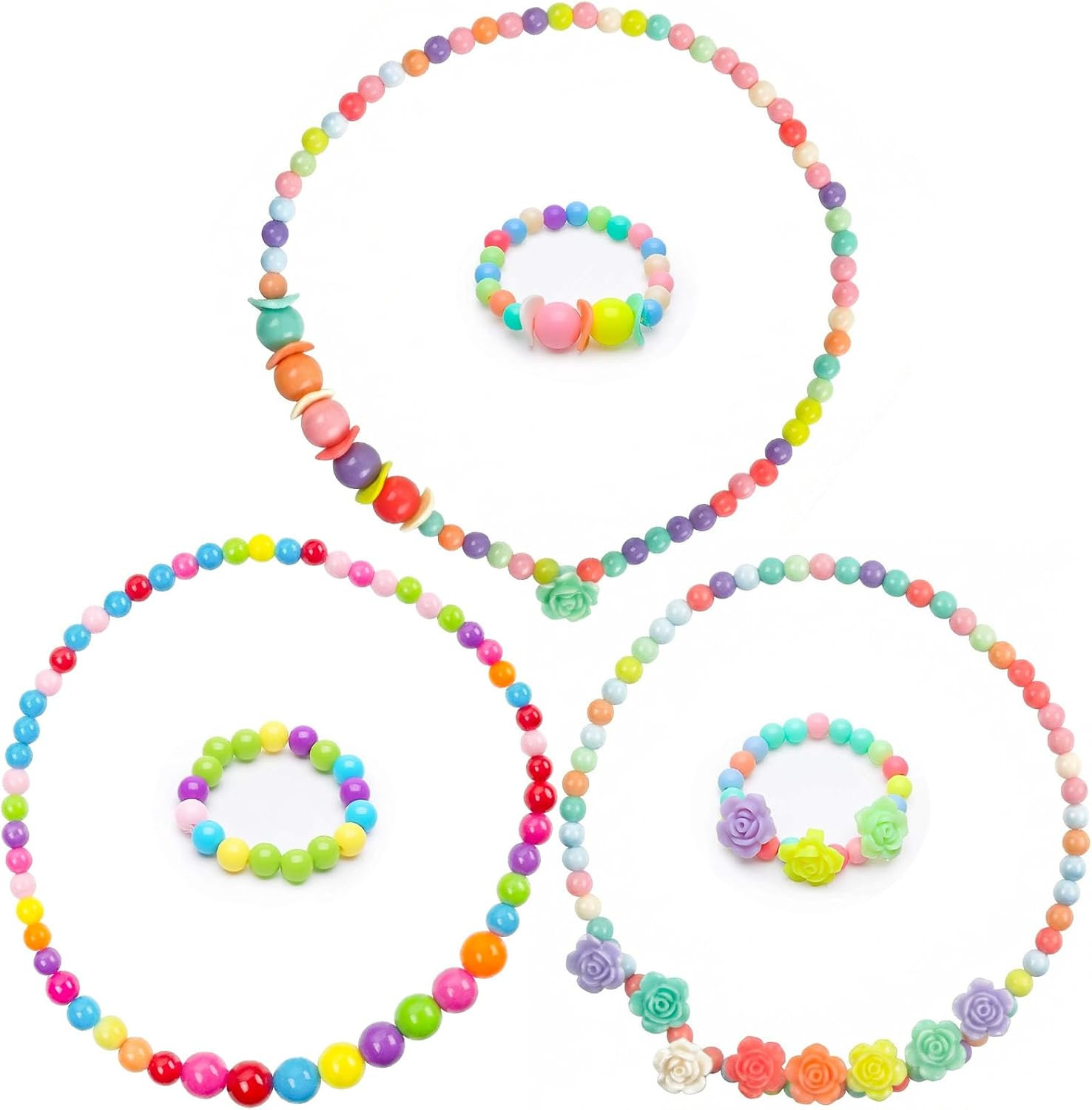 3 Sets Little Girls Necklace Bracelet Colorful Beads Play Jewelry for Toddlers