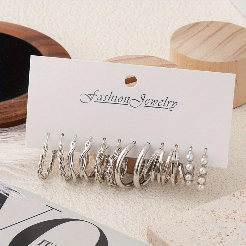 Women’s Fashion Geometric Earring Set C-shaped Ear Loops Zinc Alloy Ear Studs