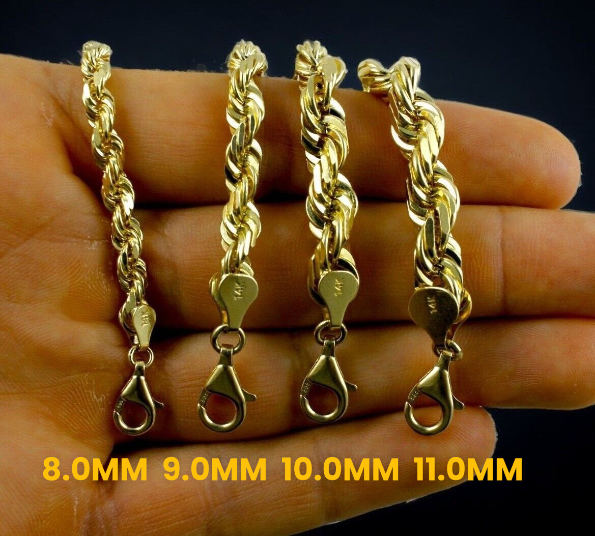 14K Yellow Gold 1mm-10mm Rope Chain Necklace Diamond Cut All Sizes Real