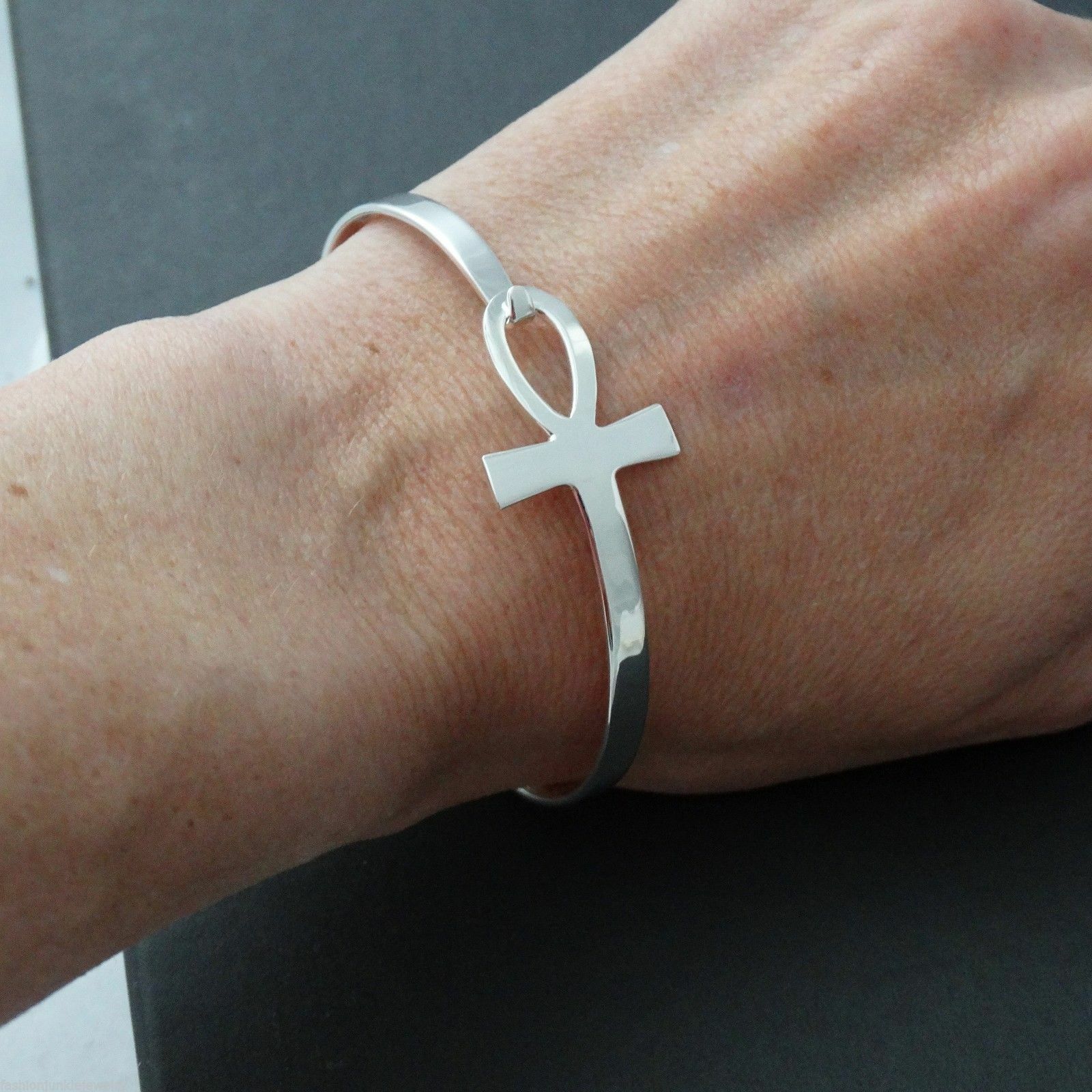 Sideways Ankh Bangle Bracelet – 925 Sterling Silver Egyptian Breath of Life