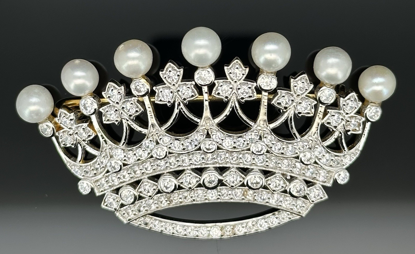 2.30 Ct Natural Pearl Crown Art Deco Wedding Brooch Pin 14K Yellow Gold Plated