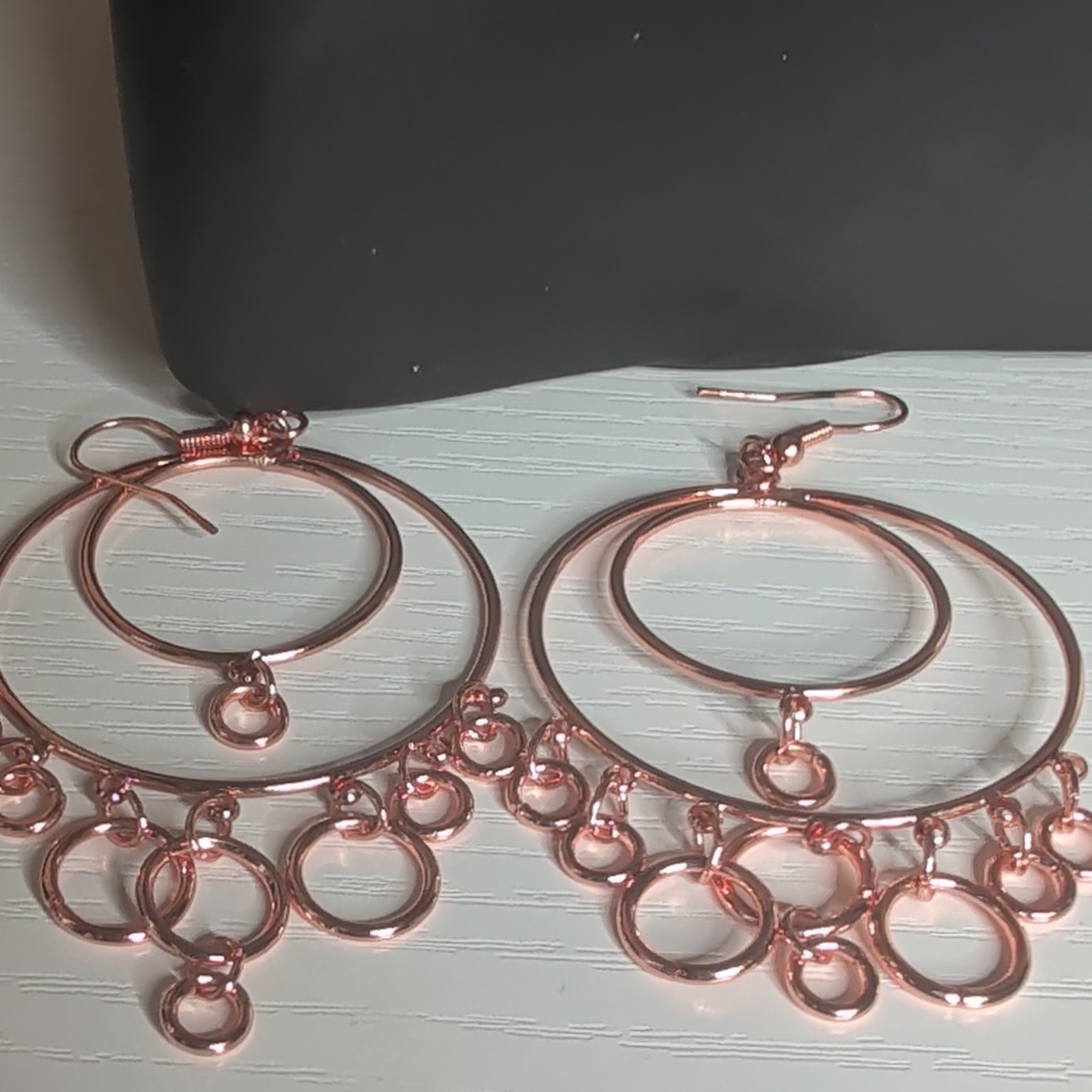 Rose Gold Plated Double Hoop Round Dangle/Drop Earrings Hook Closure No Stone