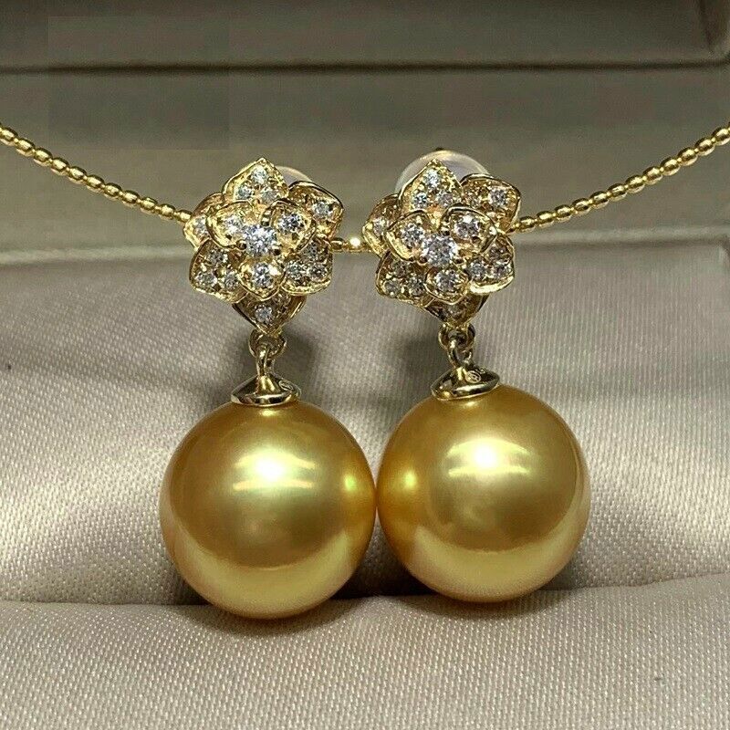 Gorgeous AAAAA 10-11mm Round south sea Golden pearl earring 925s