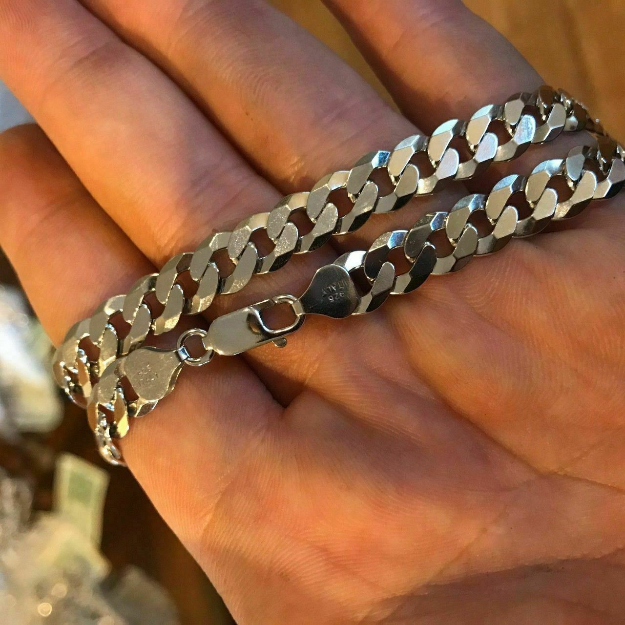 Men’s Flat Miami Cuban Link Chain Solid 925 Sterling Silver 8mm Thick Italy Made