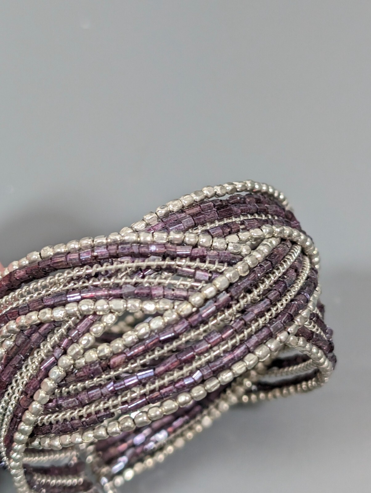 Beachy Coastal Purple Glass Bead Silver Tone Braided Open Cuff Bracelet 6.5 in