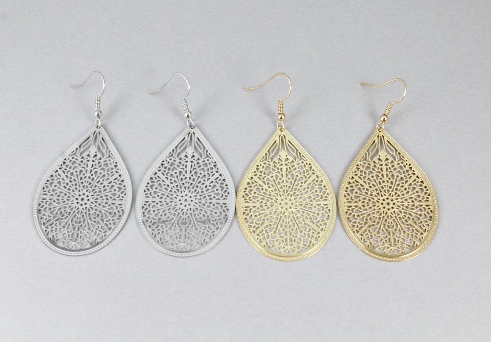 Silver earrings teardrop dangle shiny VERY lightweight filigree 2.5″ long