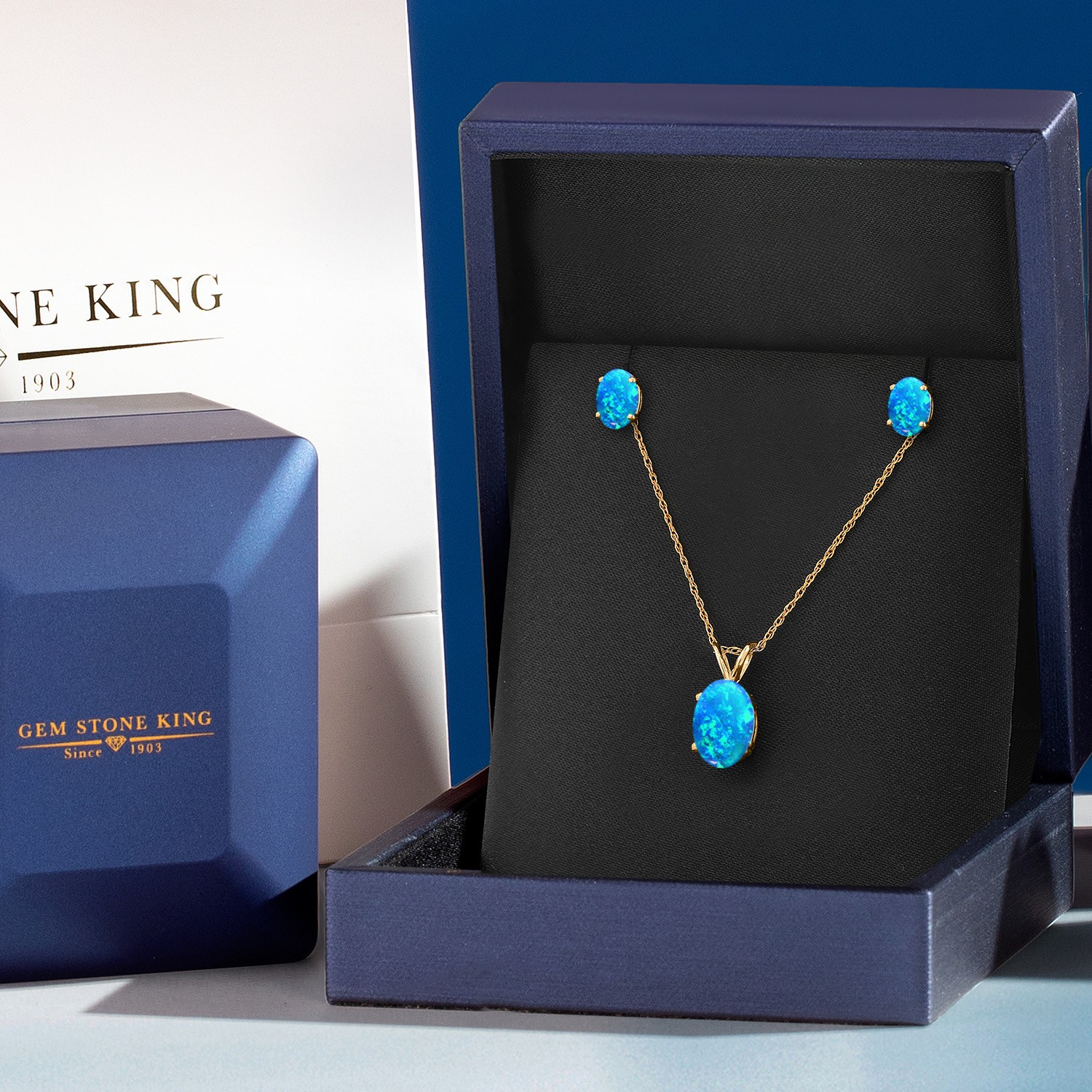14K Yellow Gold Simulated Blue Opal Pendant Earrings Jewelry Set For Women |
