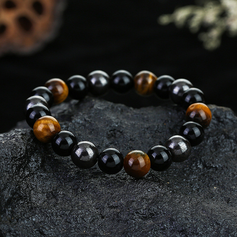 10mm Beaded Triple Protection Tiger Eye Obsidian Hematite Men Stretchy Bracelet