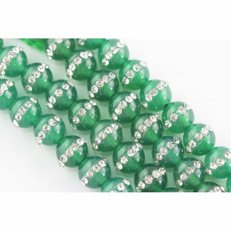 Green Agate /w Rhinestone Round Beads 6mm 8mm 10mm 15.5″ Strand
