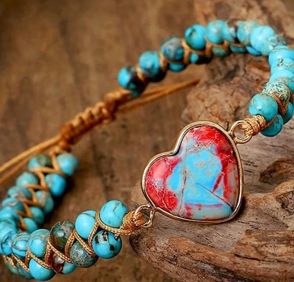 2025HOT!Natural Turquoise Stone Beaded Jasper Gemstone Heart Charm Bracelet Gift