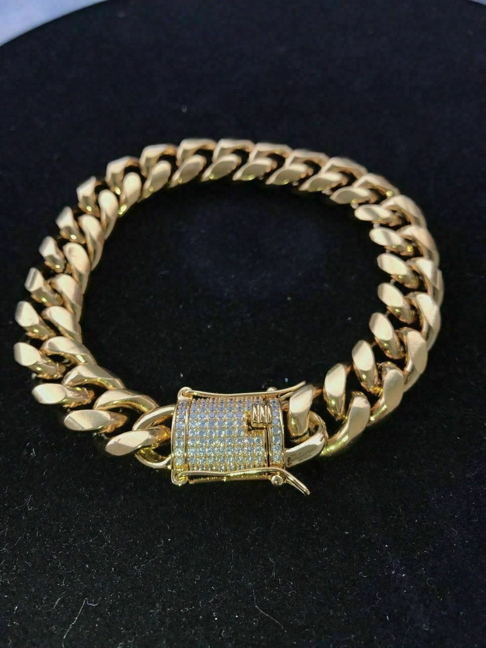 Men Real Cuban Miami Link Bracelet Chain Set 18k Gold Plated Simulated Diamond