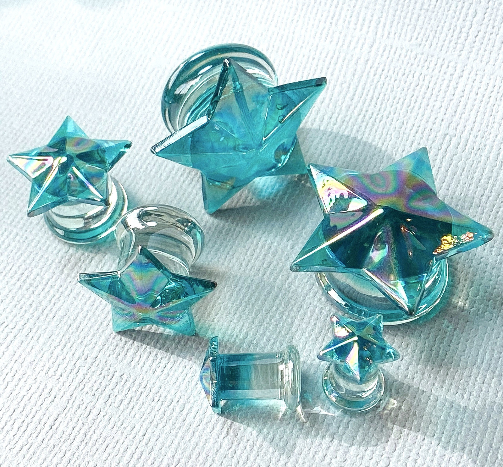 PAIR Glass Plugs Aqua Star Double Flare Gauges Tunnels Piercing Body Jewelry