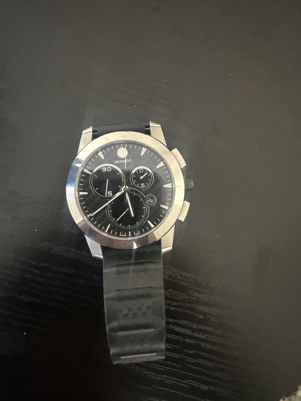 Movado Vizio Quartz Chronograph Date Black Dial Silver Case Rubber Strap
