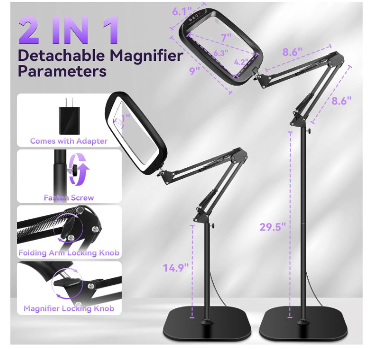 30X 10X Extra Large Floor Magnifying Glass with Light and Stand,7-Inch Adjustabl